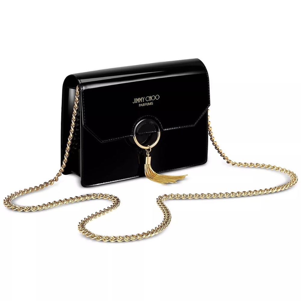 JIMMY CHOO Crossbody Purse w/Chain Clutch Style Bag Black Patent Vegan Leather